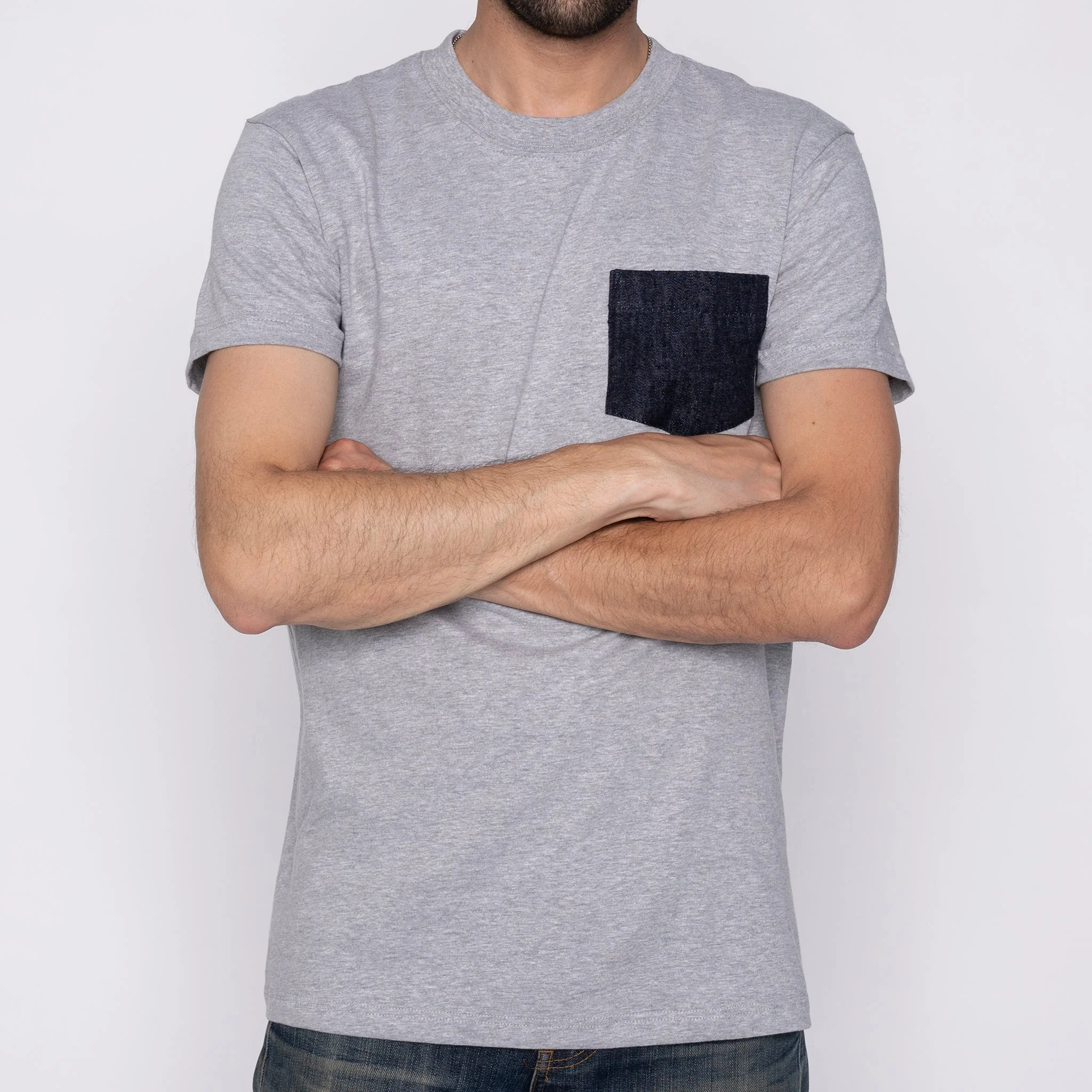 Pocket Tee - Heather Grey + Slub Nep Rinsed Denim - Image 3