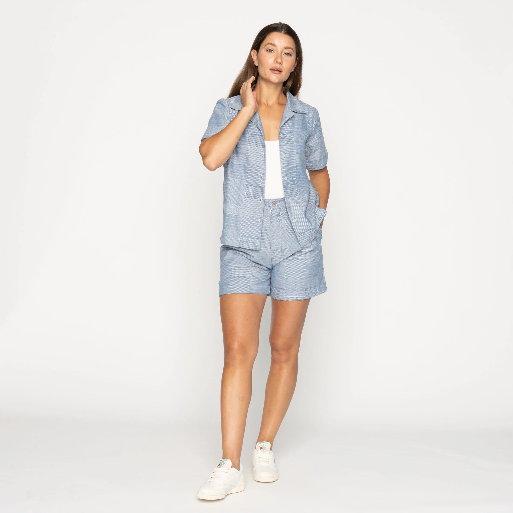 Twin Pleat Short - Dobby Patchwork - Pale Blue - Image 5